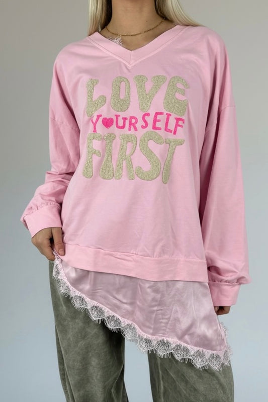 Oversize Shirt „Love Yourself First“-Rosa