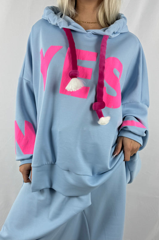 Oversize Hoodie mit YES-Print aus Butterstoff –Hell Blau