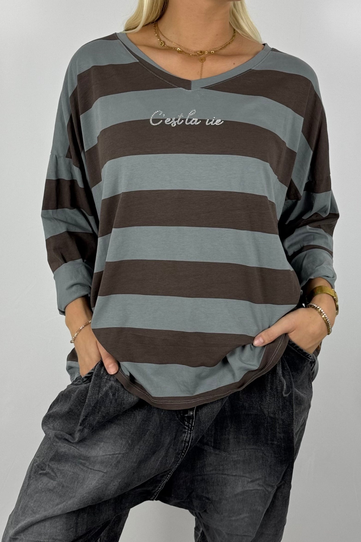 Damen Shirt gestreift – Oversize-Grau
