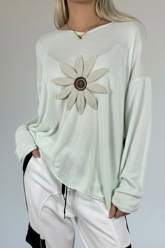 Shirt mit V-Ausschnitt & floraler Applikation-Mint
