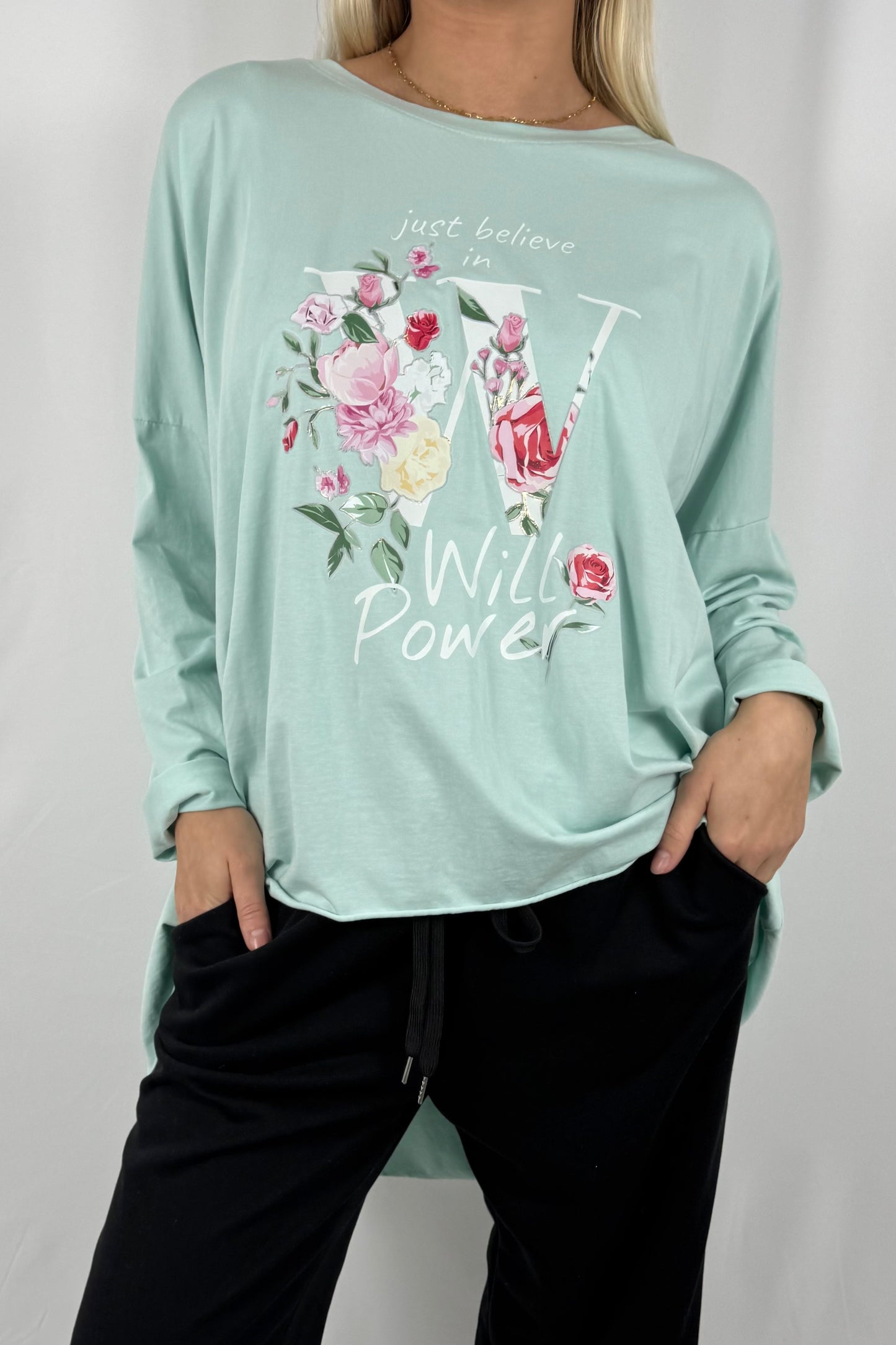 Oversize Damen Shirt mit Love Will Power Print-Mint