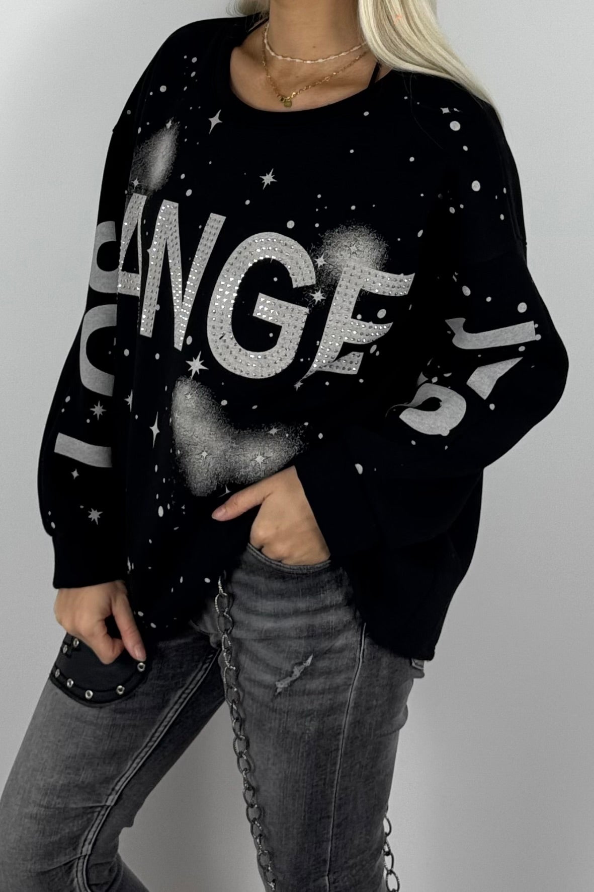 Damen-Sweatshirt mit „Los Angeles“-Schriftzug und Glitzersteinen - Schwarz