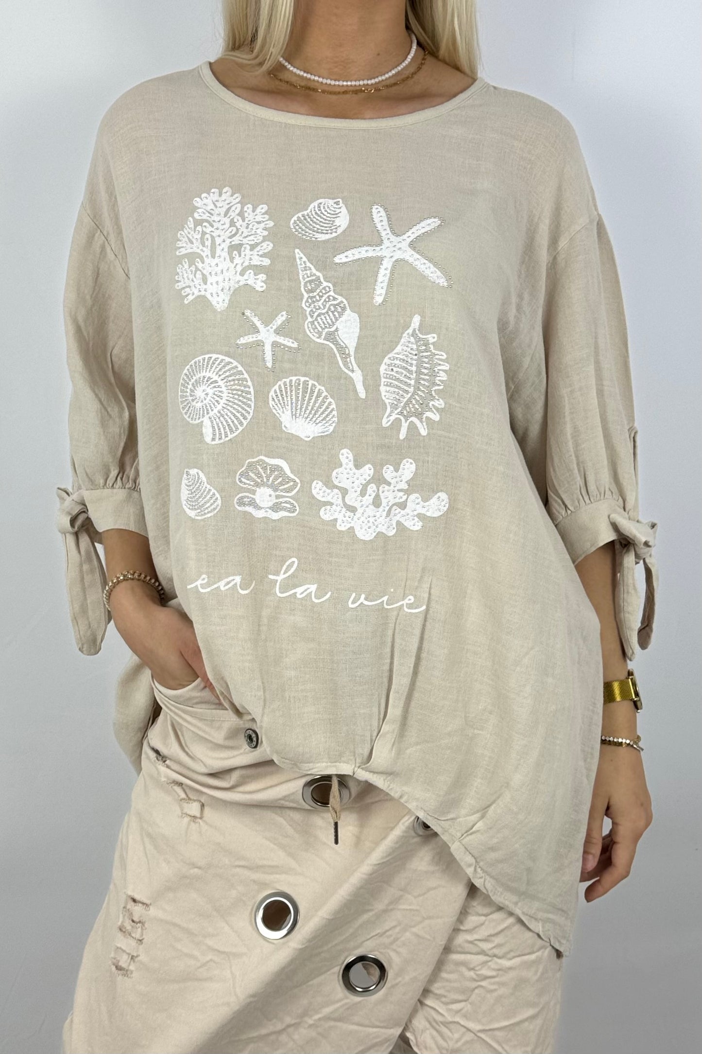 Leinenmix-Shirt „Sea La Vie“-Beige