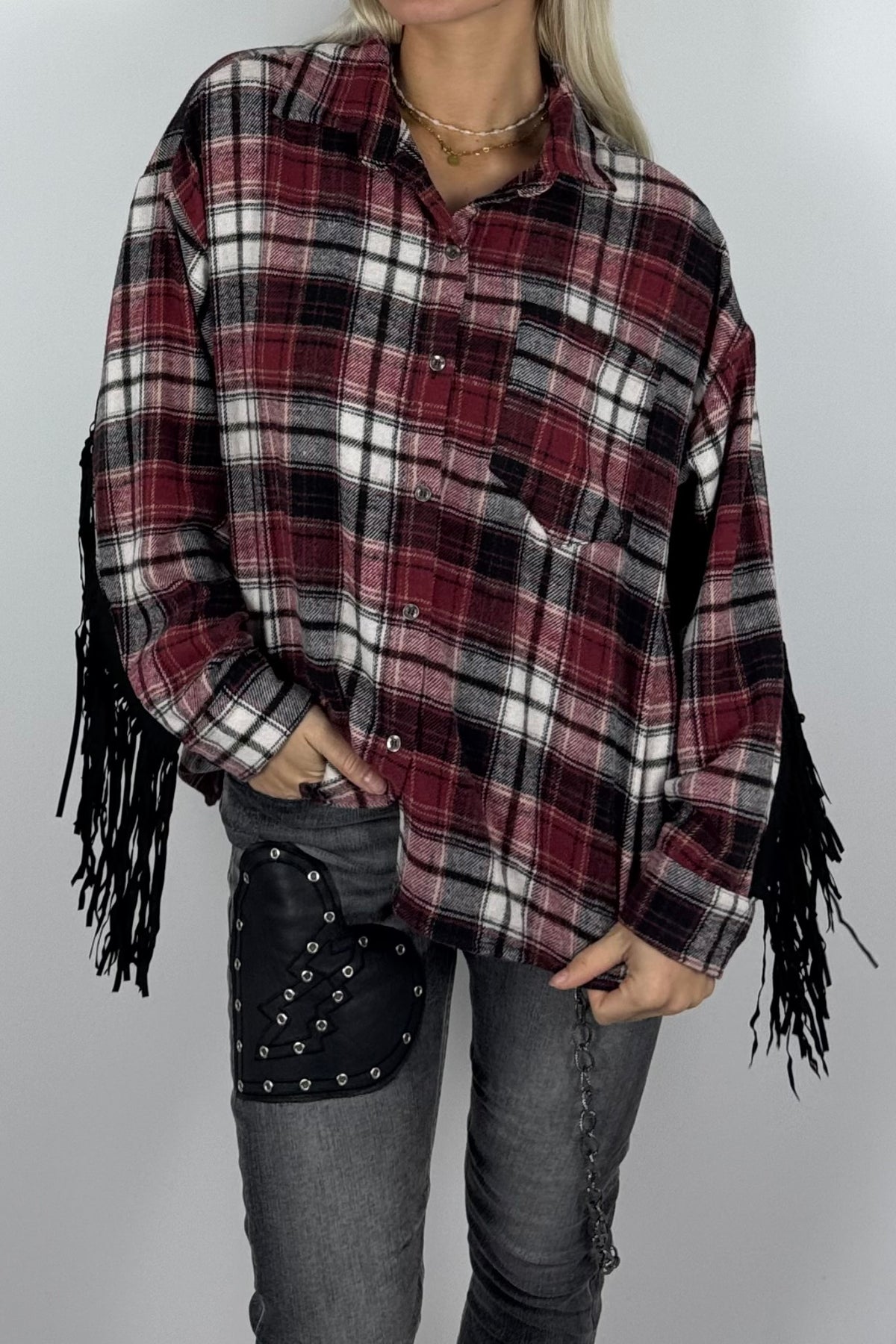 Damen-Karobluse mit Fransen-Bordeaux