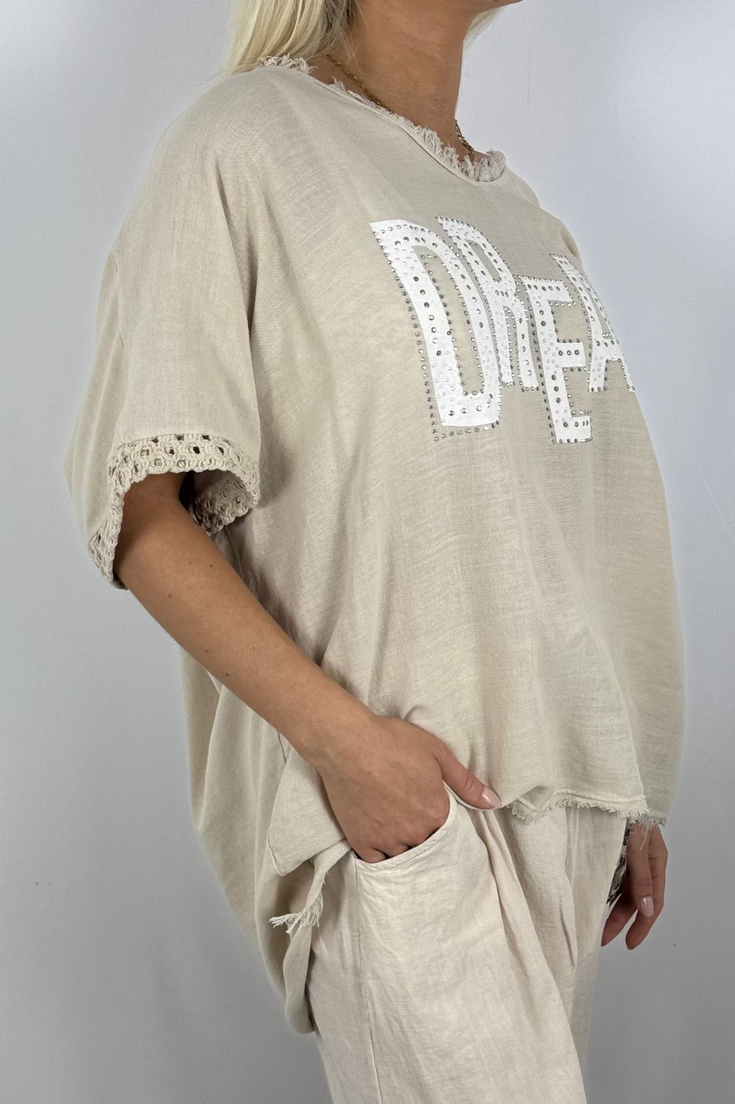 Leinen-Shirt „DREAM“ mit Strassdetails-Beige