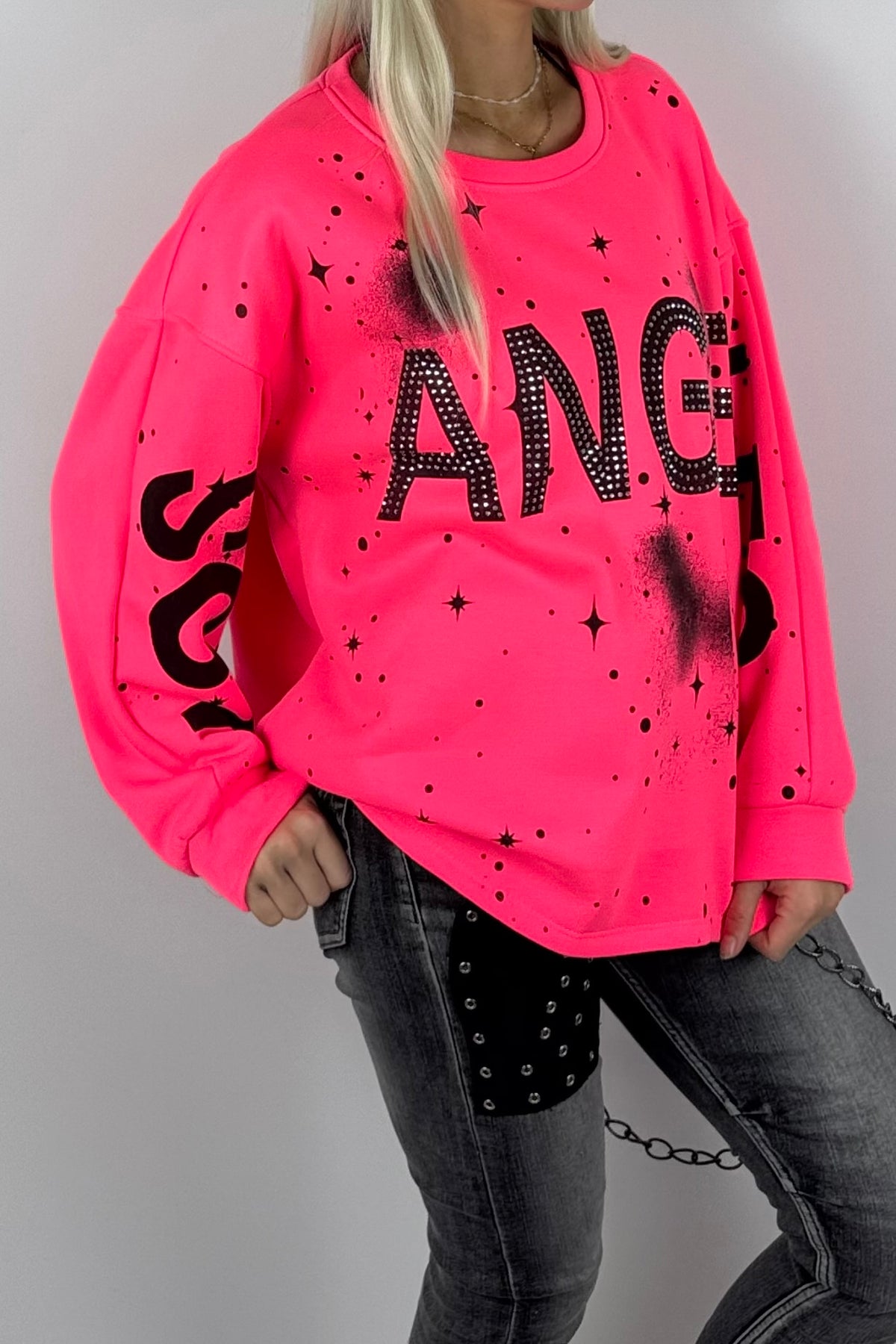 Damen-Sweatshirt mit „Los Angeles“-Schriftzug und Glitzersteinen - Neon Pink
