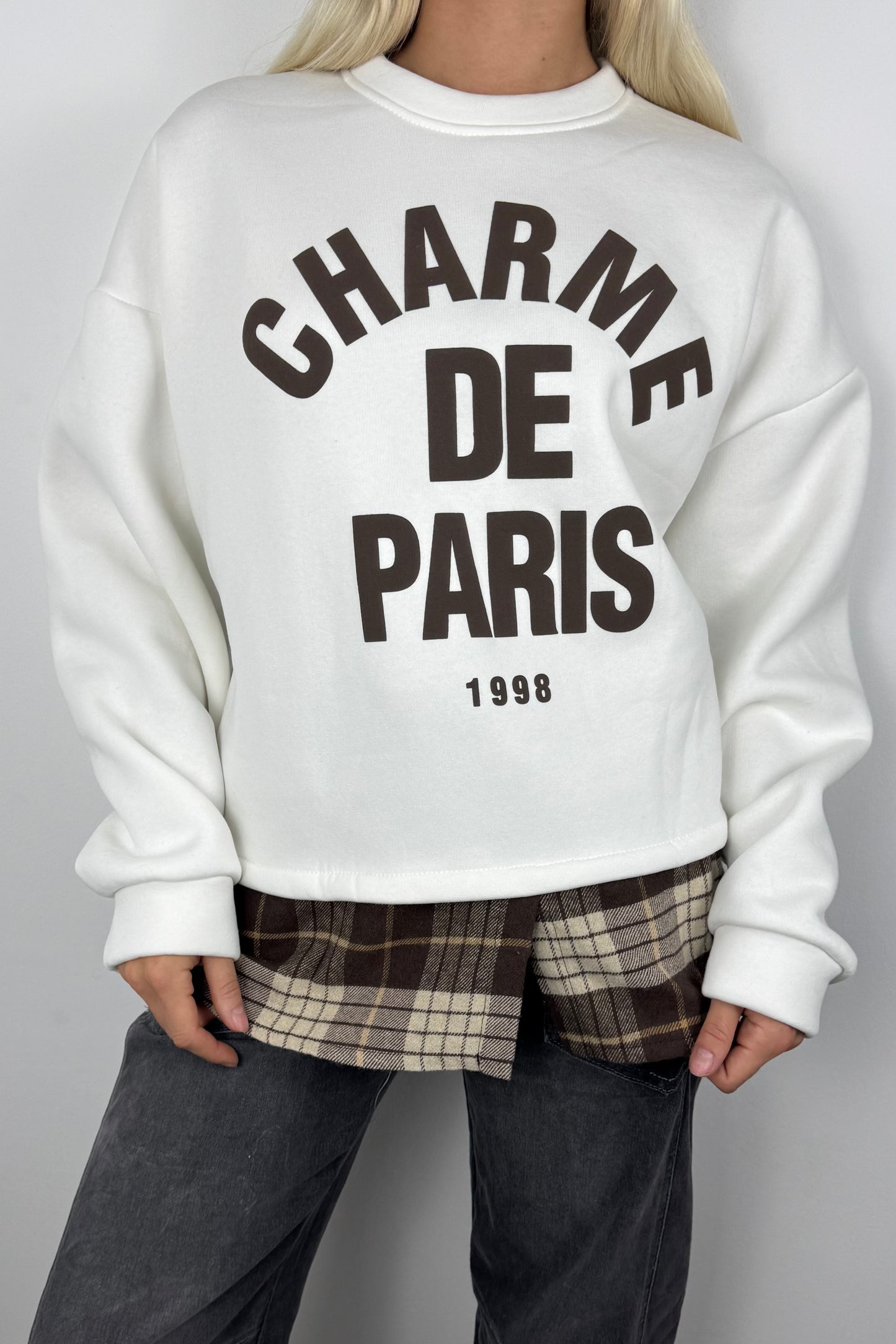 Sweatshirt mit „Charme de Paris“ Print und Karodetail-Weiß