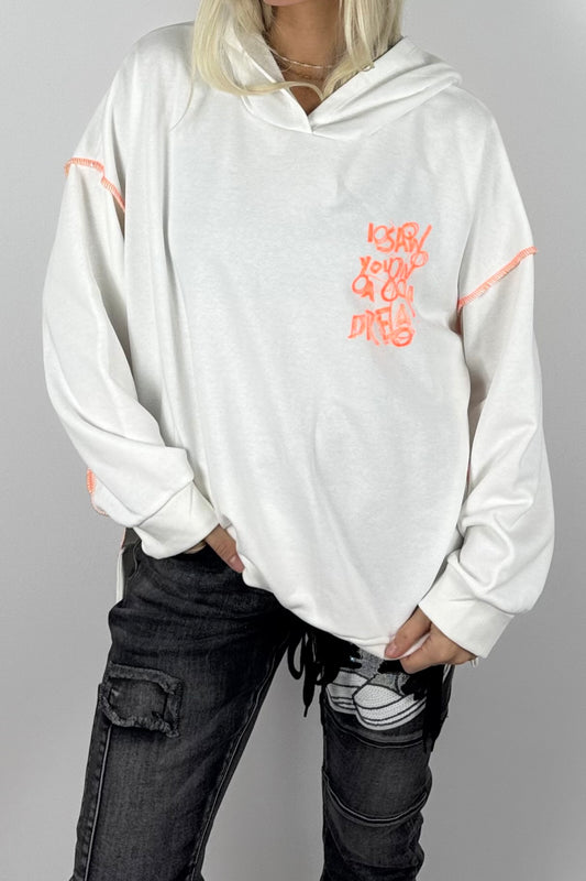 Damen-Hoodie mit Schriftprint und Ziernähten-Weiß