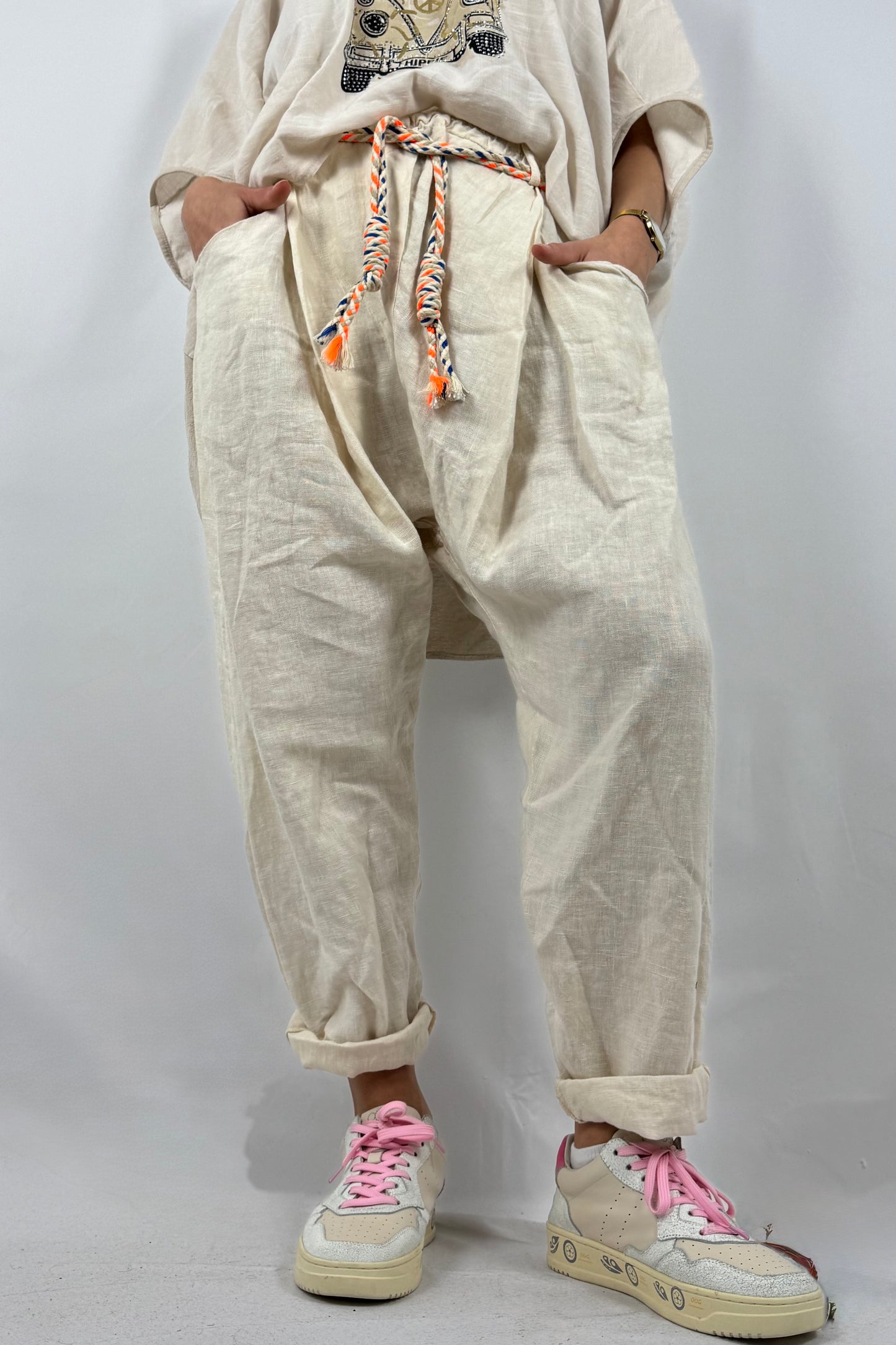 Damen Leinenhose mit Flechtgürtel-Butter