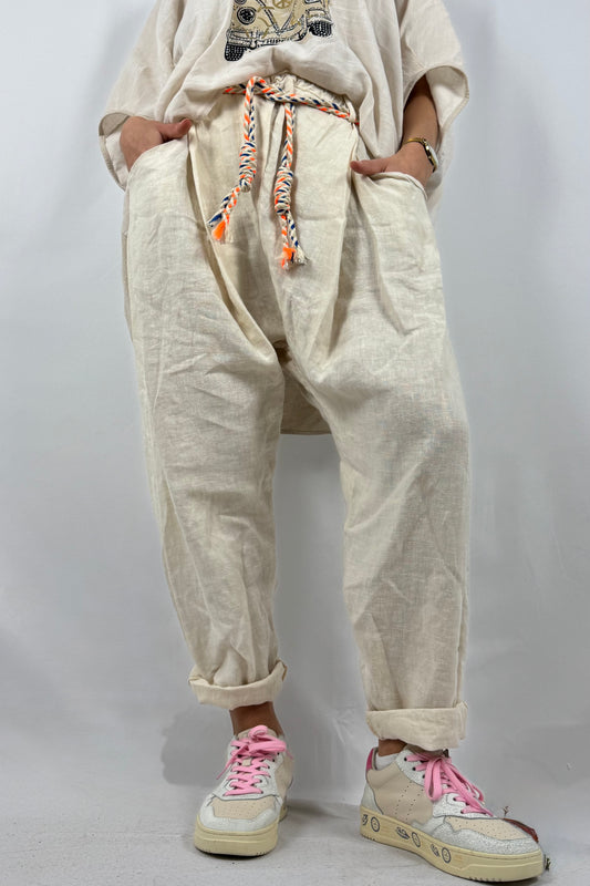 Damen Leinenhose mit Flechtgürtel-Butter