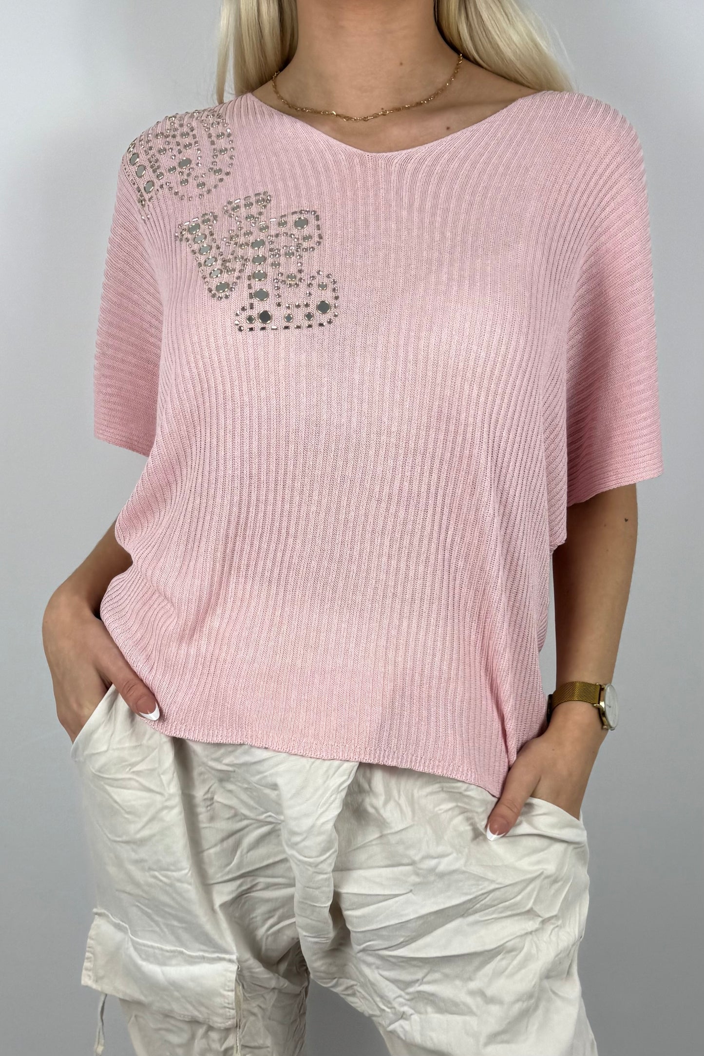 Strickshirt LOVE mit Glitzersteinen Damen-Rosa