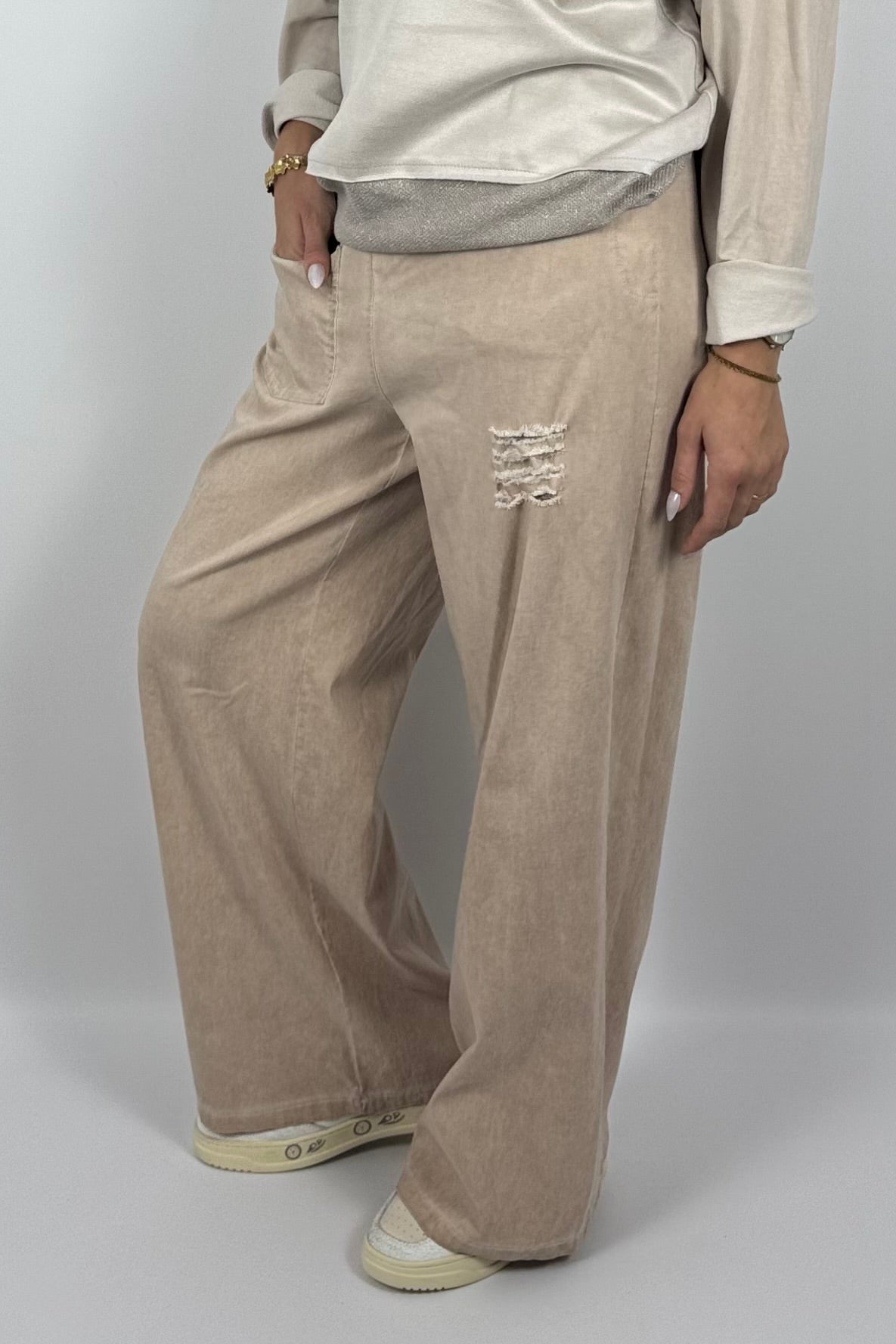 Damen Wide-Leg Hose mit Destroyed-Details – Safari