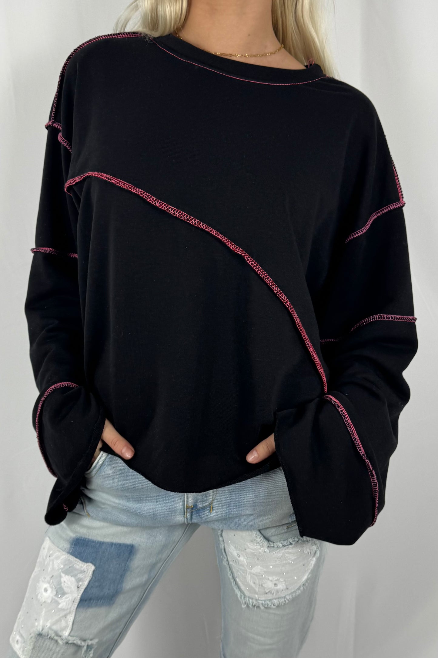 Oversize Sweatshirt mit asymmetrischer Naht –Schwarz