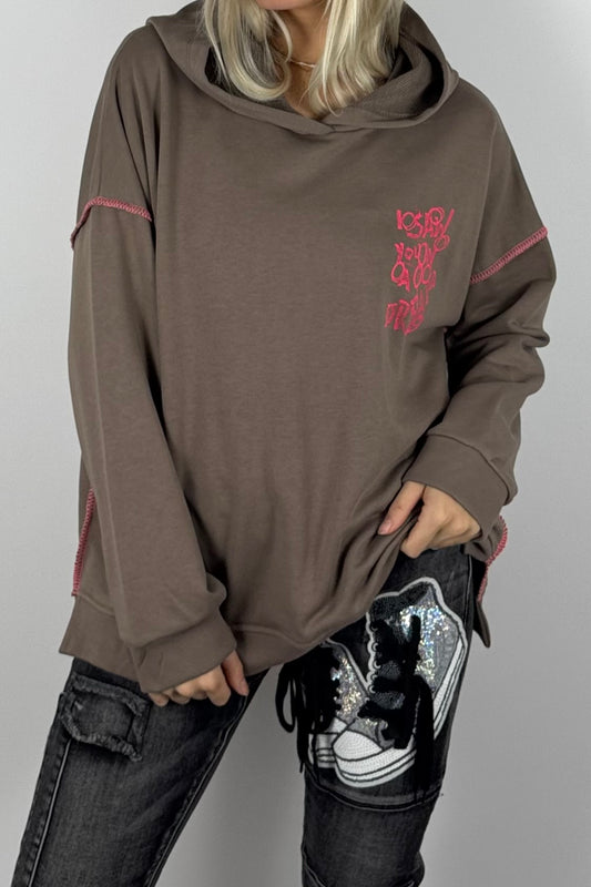 Damen-Hoodie mit Schriftprint und Ziernähten-Mud