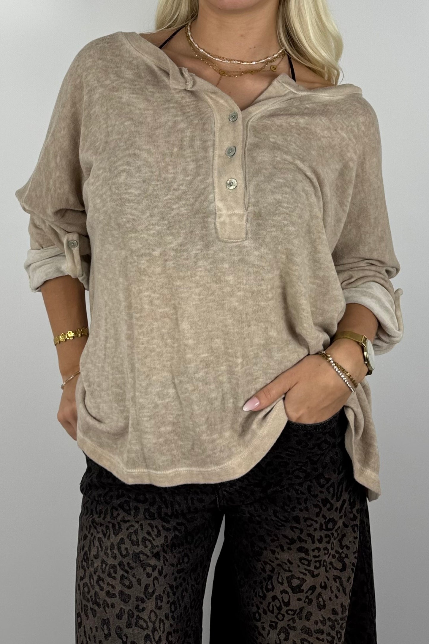 Oversize Shirt mit Knopfleiste-Beige