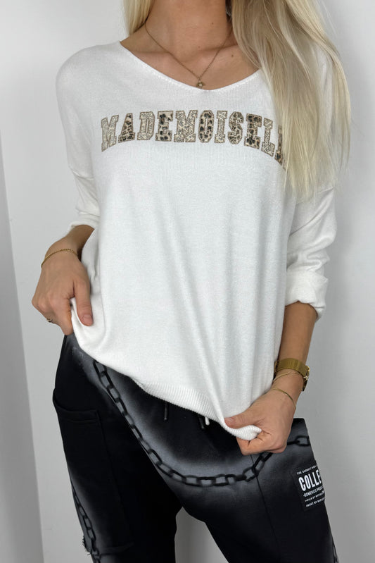 Strickshirt mit Schriftzug „Mademoiselle“-Weiß
