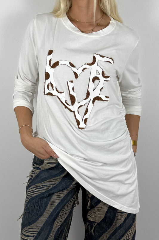 Damen Longshirt „LOVE“ mit Herz-Print – Oversize-Weiß