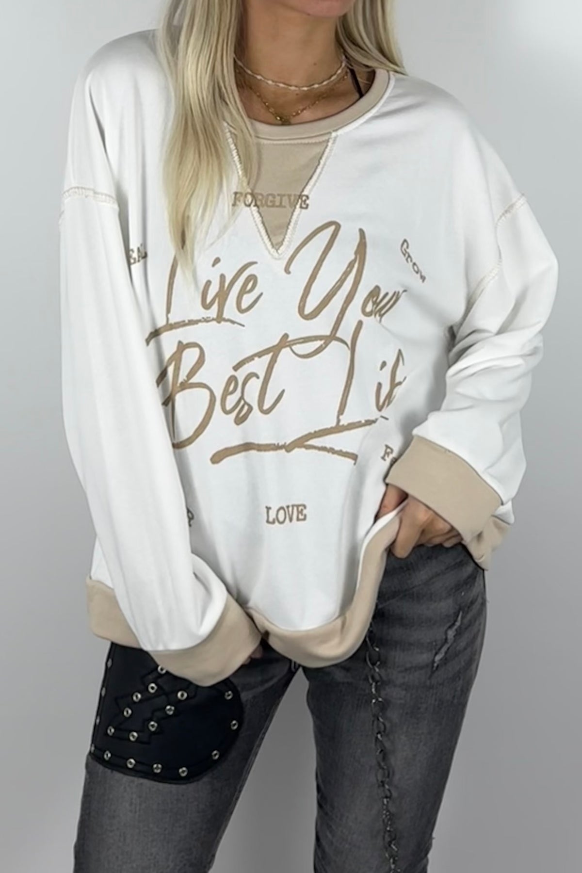 Damen-Sweatshirt mit „Live Your Best Life“-Print-Weiß