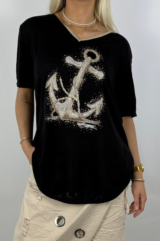Oversize-Shirt mit Anker-Print & Golddetails-Schwarz