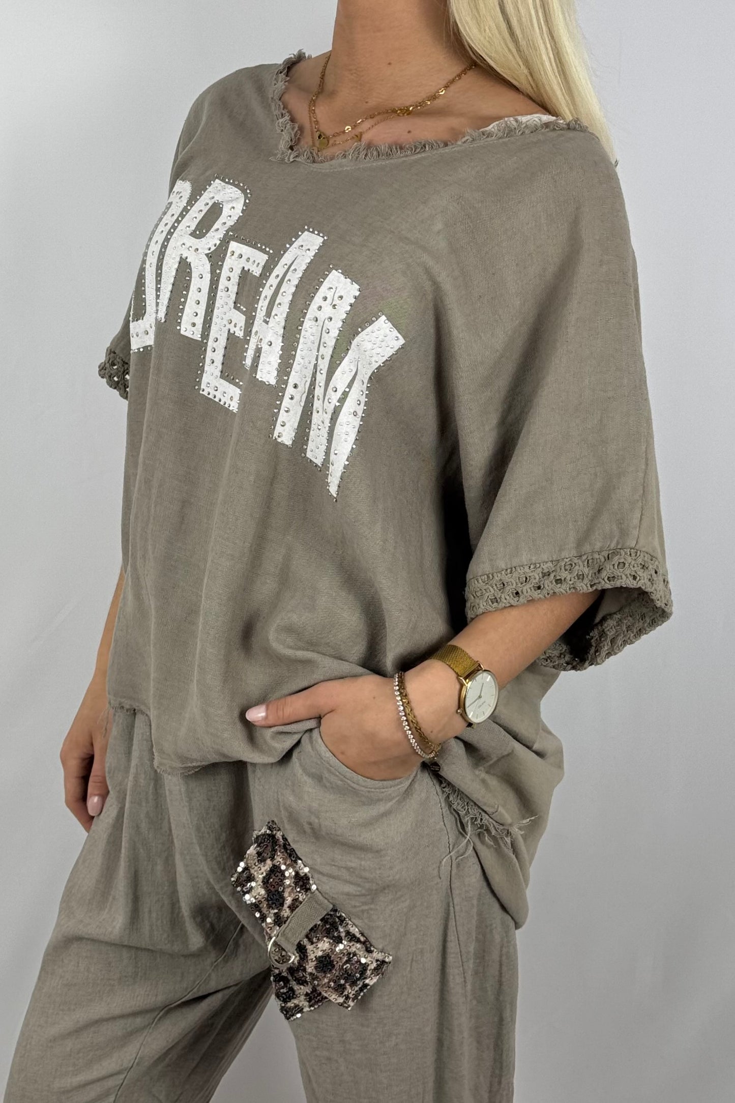 Leinen-Shirt „DREAM“ mit Strassdetails-Mud