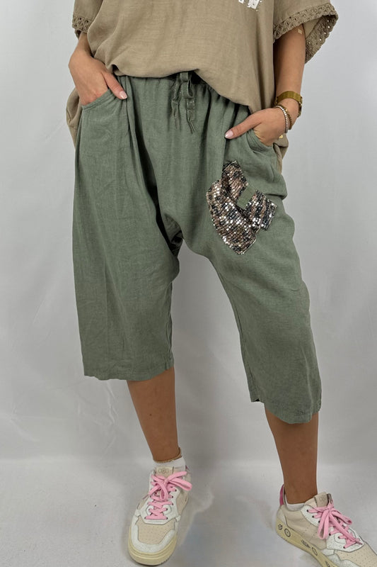 Leinen-Shorts mit Pailletten-Applikation-Khaki