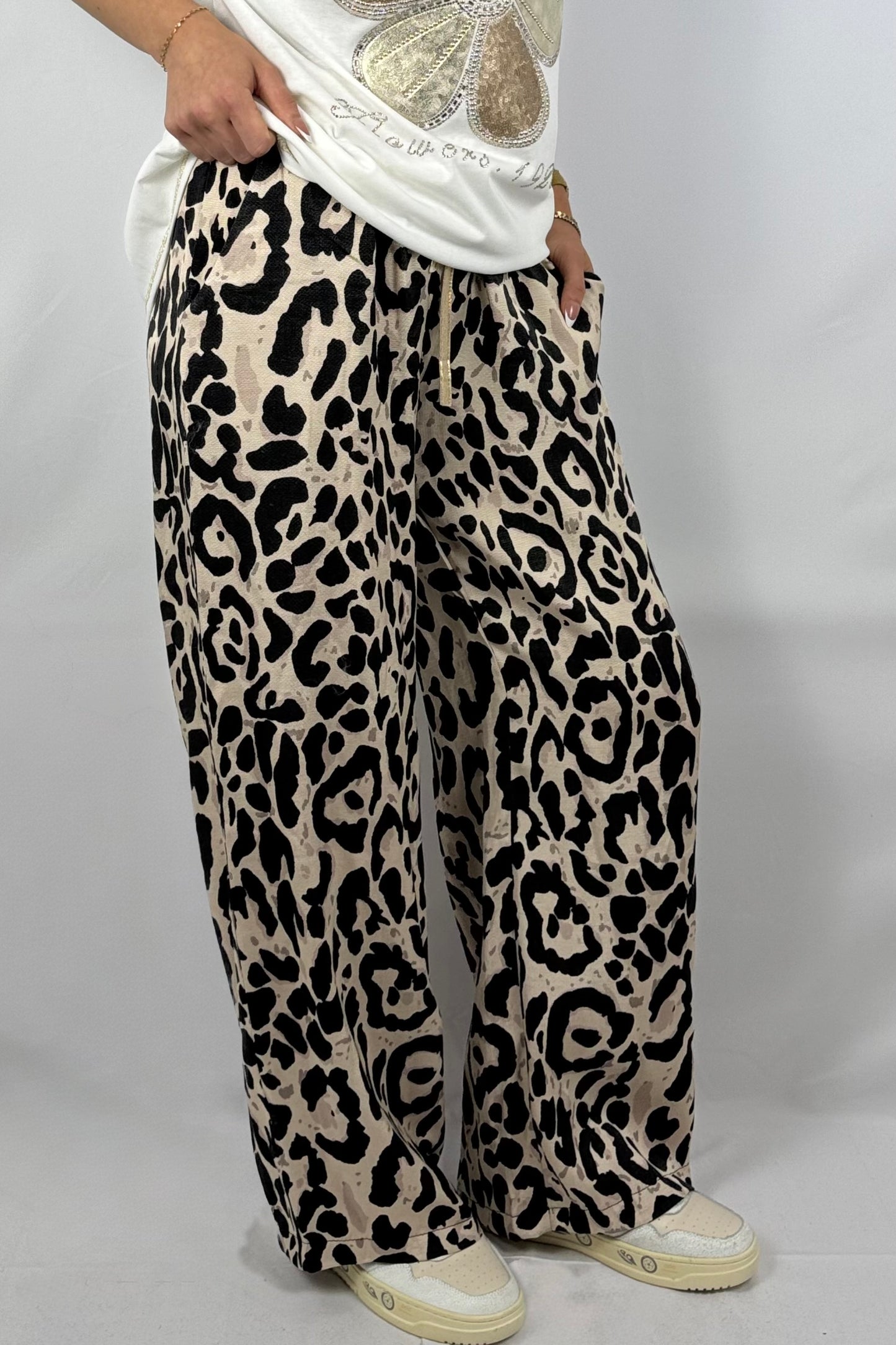 Weite Palazzo-Hose mit Leo-Print-Beige