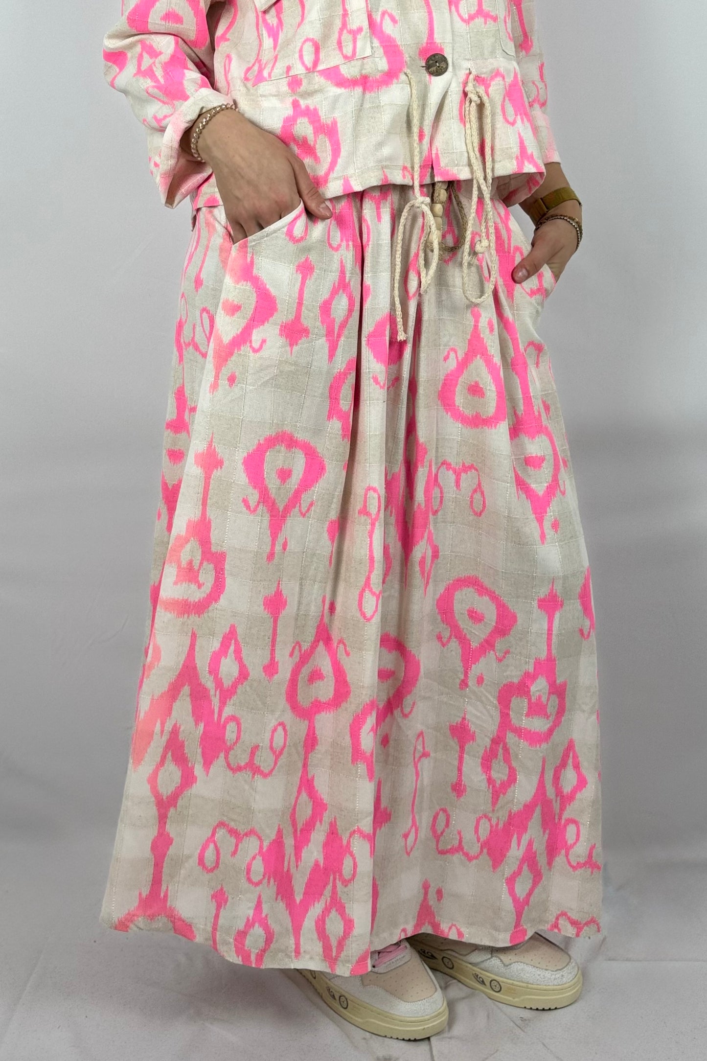 Boho Rock mit Print – Leinen/Viskose-Neon Pink