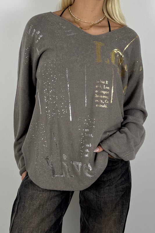 Oversize Shirt mit V-Ausschnitt & Metallic-Print-Mud