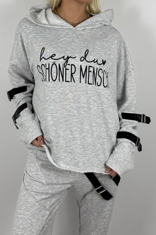 Oversize Hoodie „Hey du schöner Mensch“ mit Kapuze – Grau