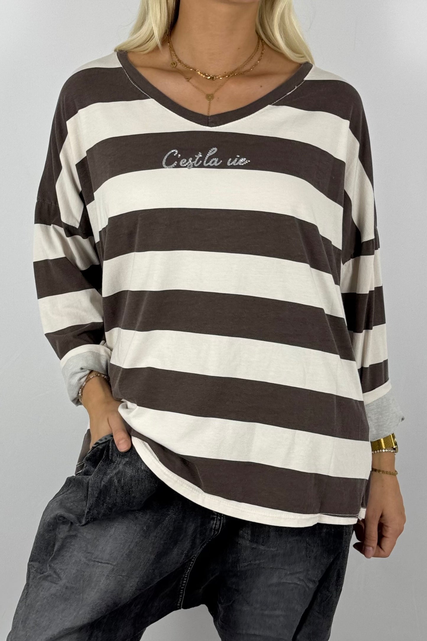 Damen Shirt gestreift – Oversize-Beige