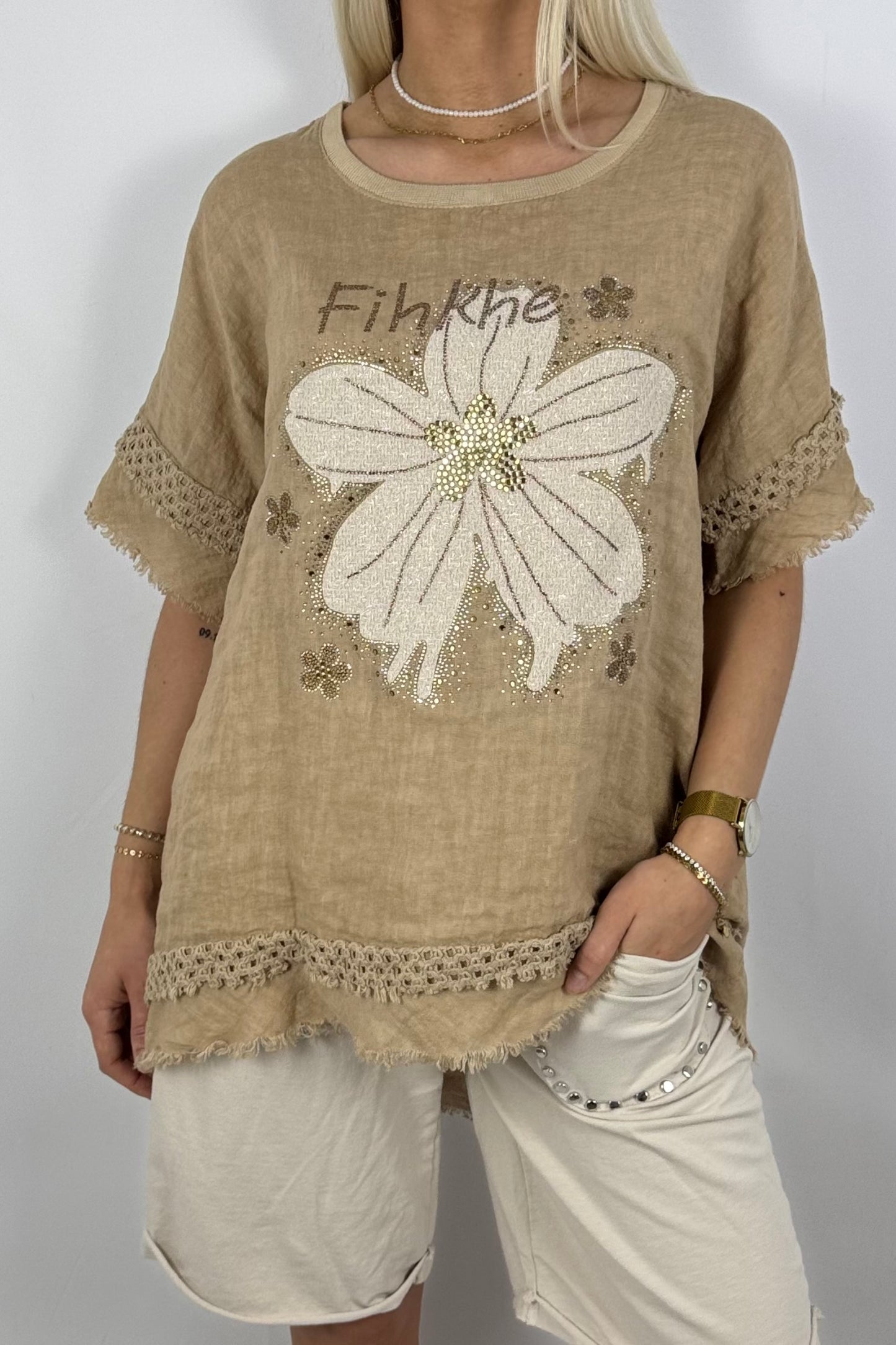 Leinen-Shirt mit Blumenprint & Häkel-Details-Safari