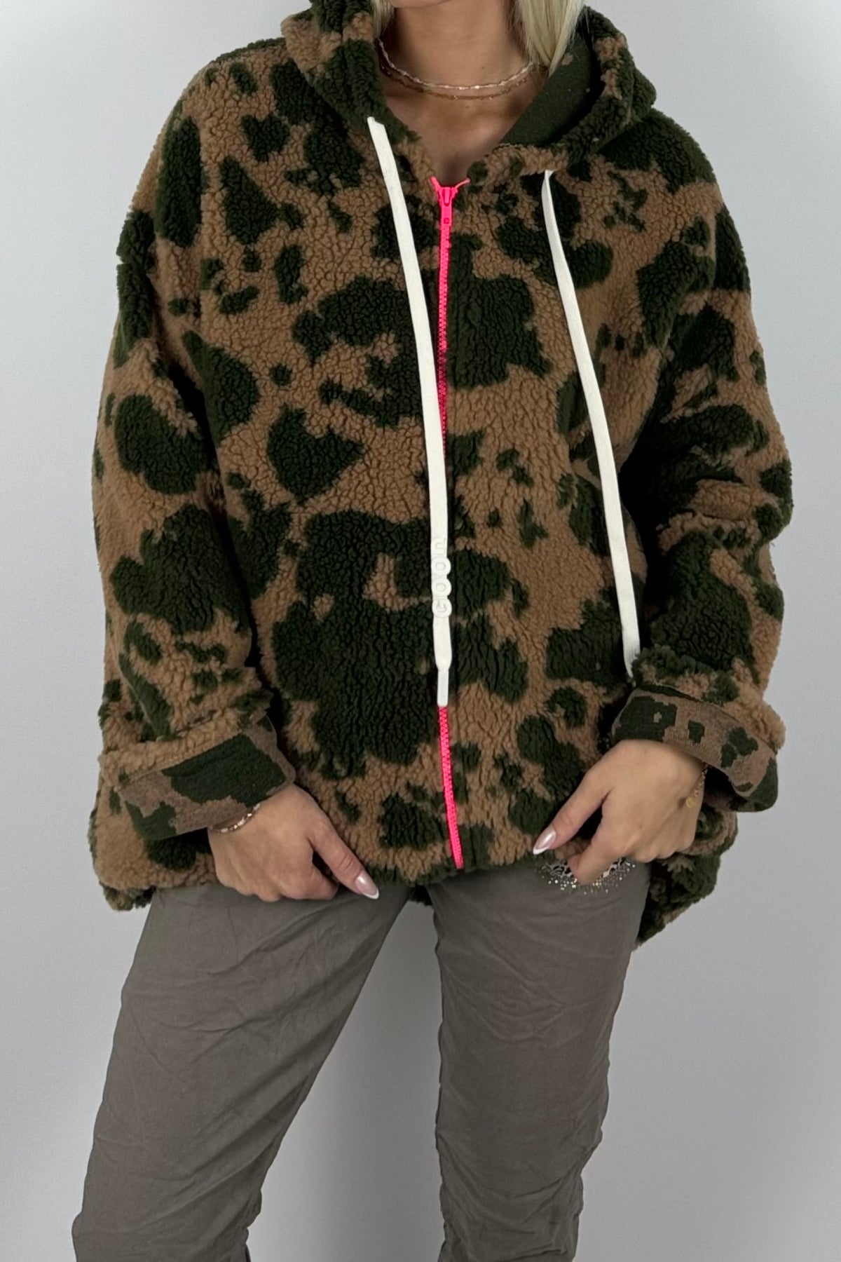 Damen Teddyjacke mit Kapuze-Khaki