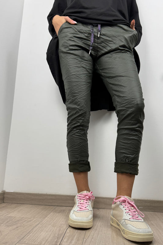 Glanz-Effekt Jogpants mit Kordelzug –Khaki