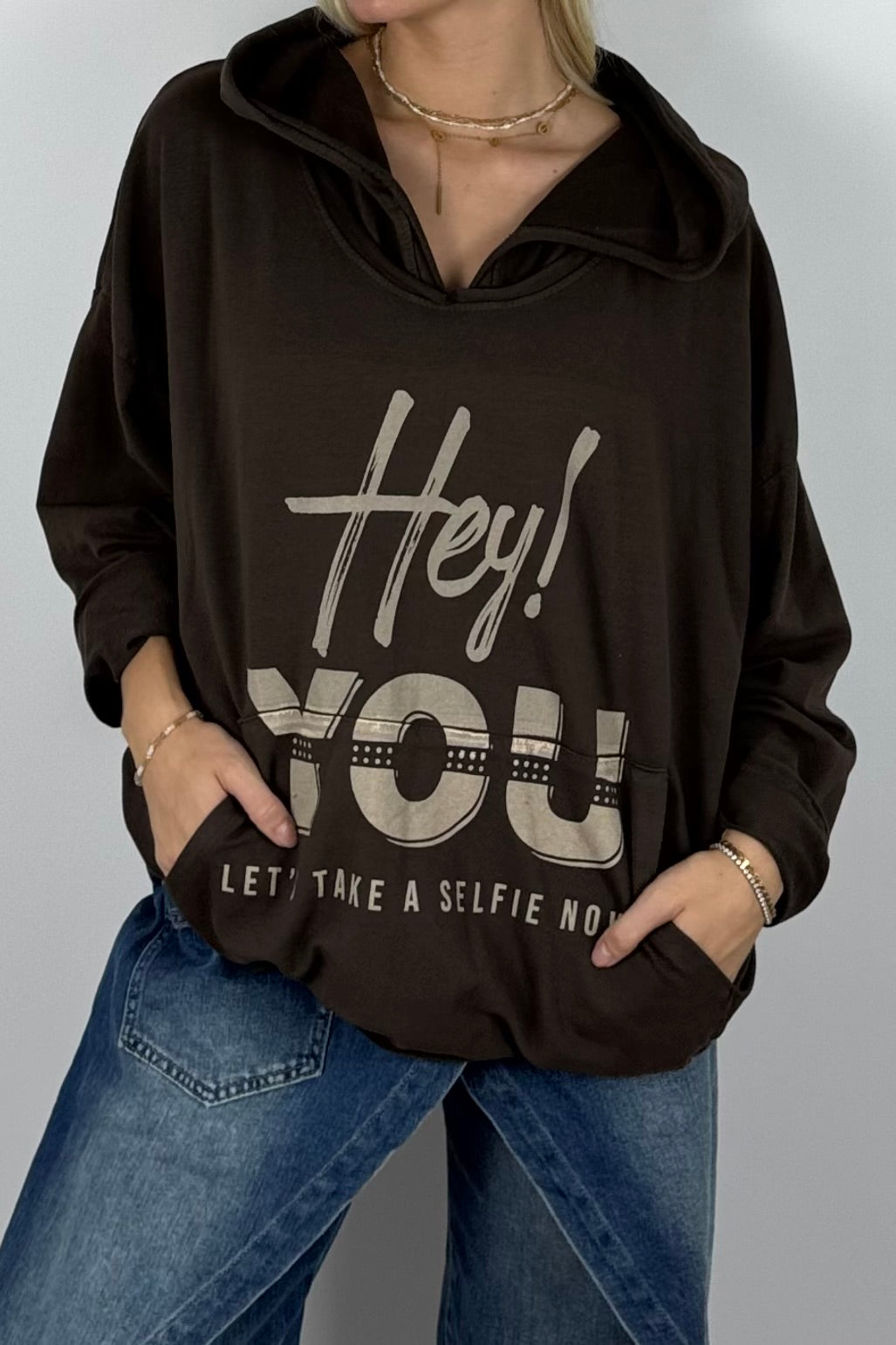 Damen Oversize Hoodie „Hey You“ mit Kapuze – Schoko