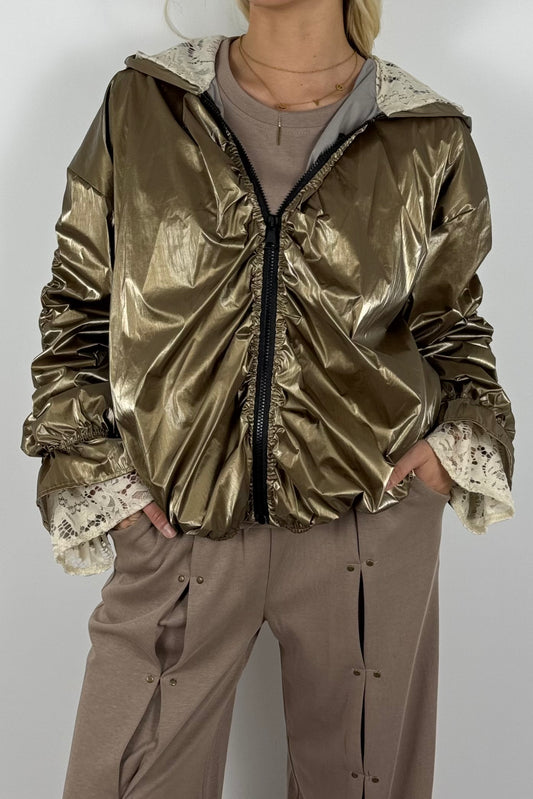 Damen Glanz-Jacke mit Kapuze – Metallic Look - gold