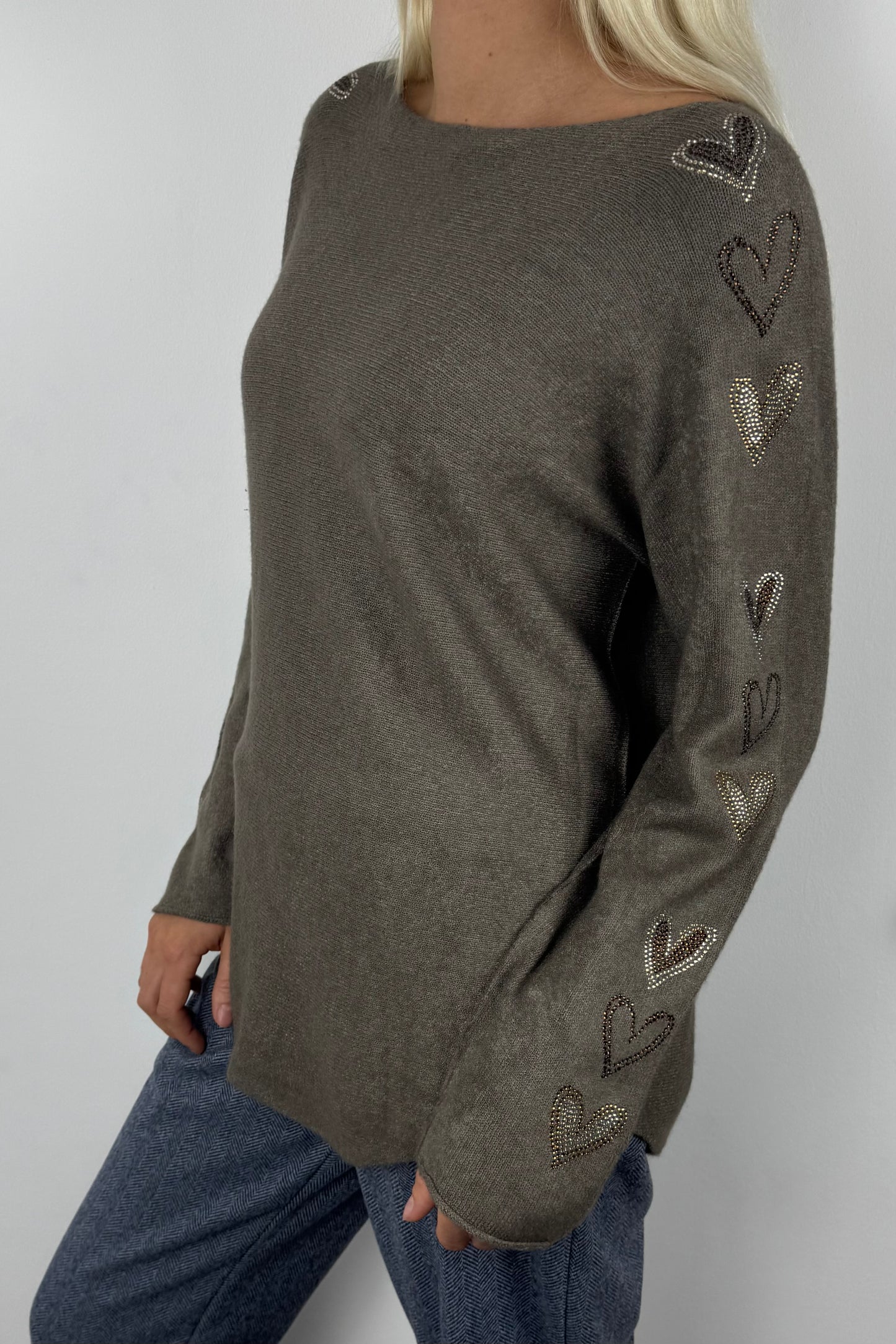 Feinstrick Pullover mit Glitzer-Herz-Details-Mud