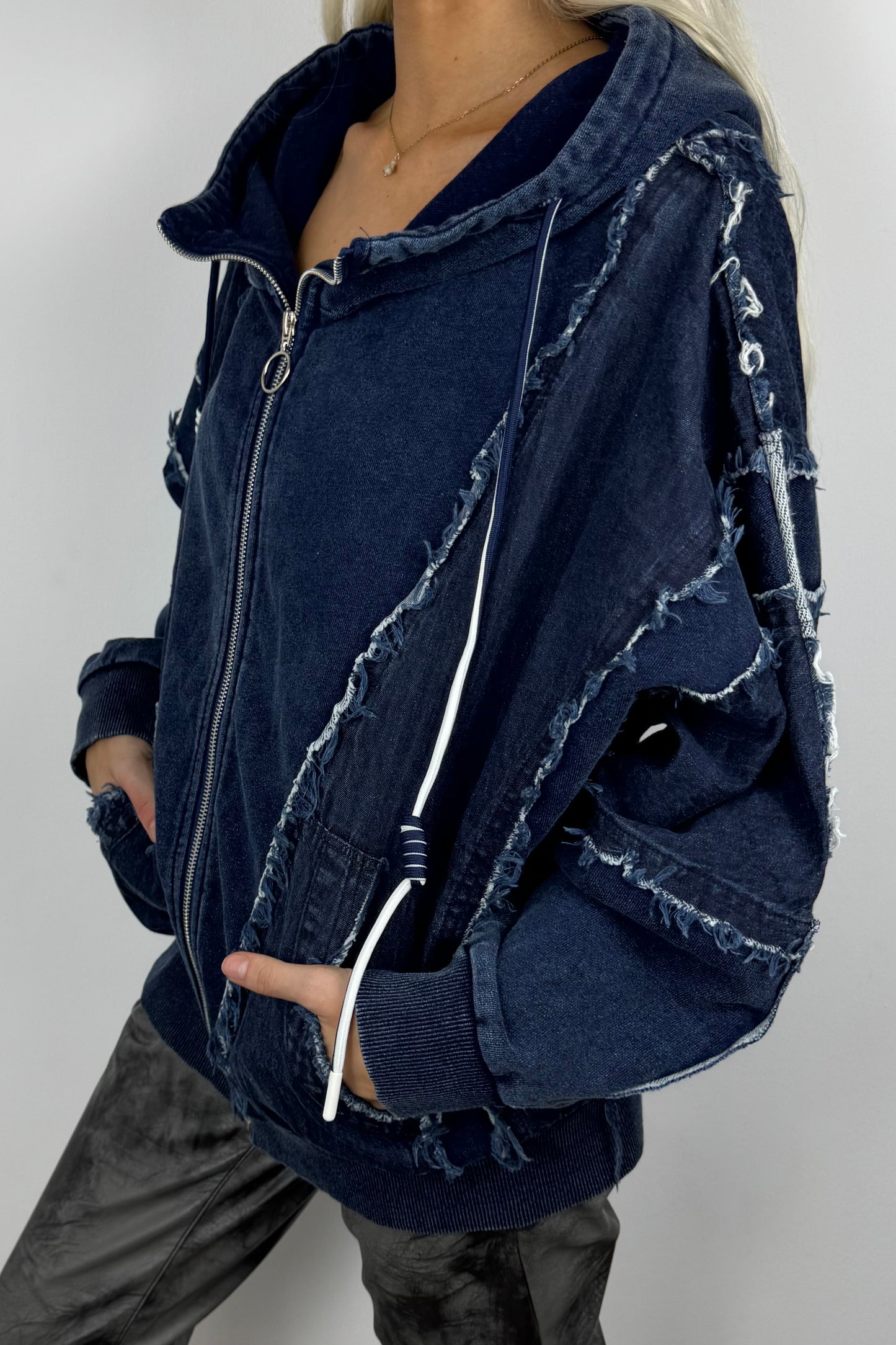 Oversize-Hoodie mit Zipper & Raw-Details –Dunkel BLau
