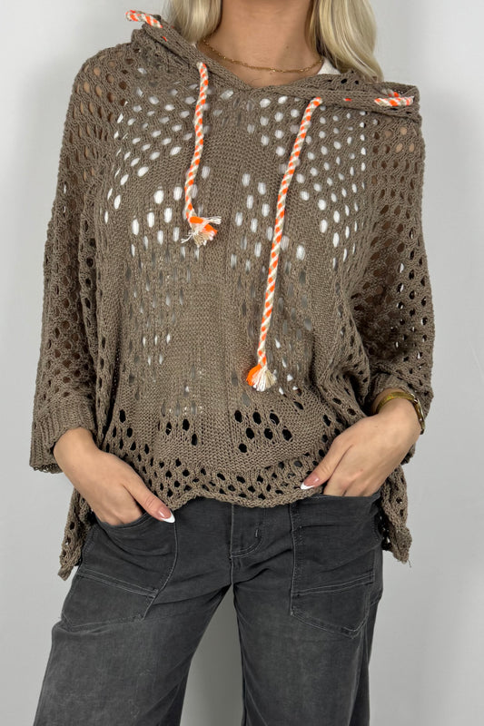 Häkel Hoodie Shirt mit Lochmuster Damen-Mud