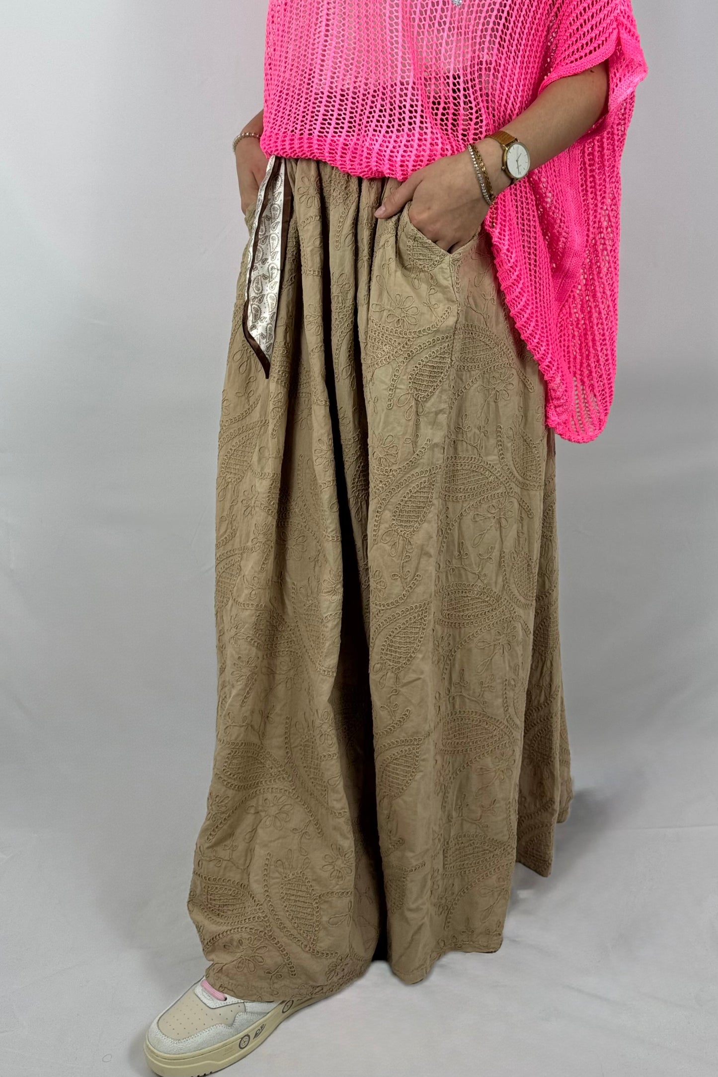 Boho Midi Rock mit Stickerei & Gürtel – Baumwolle -cammel