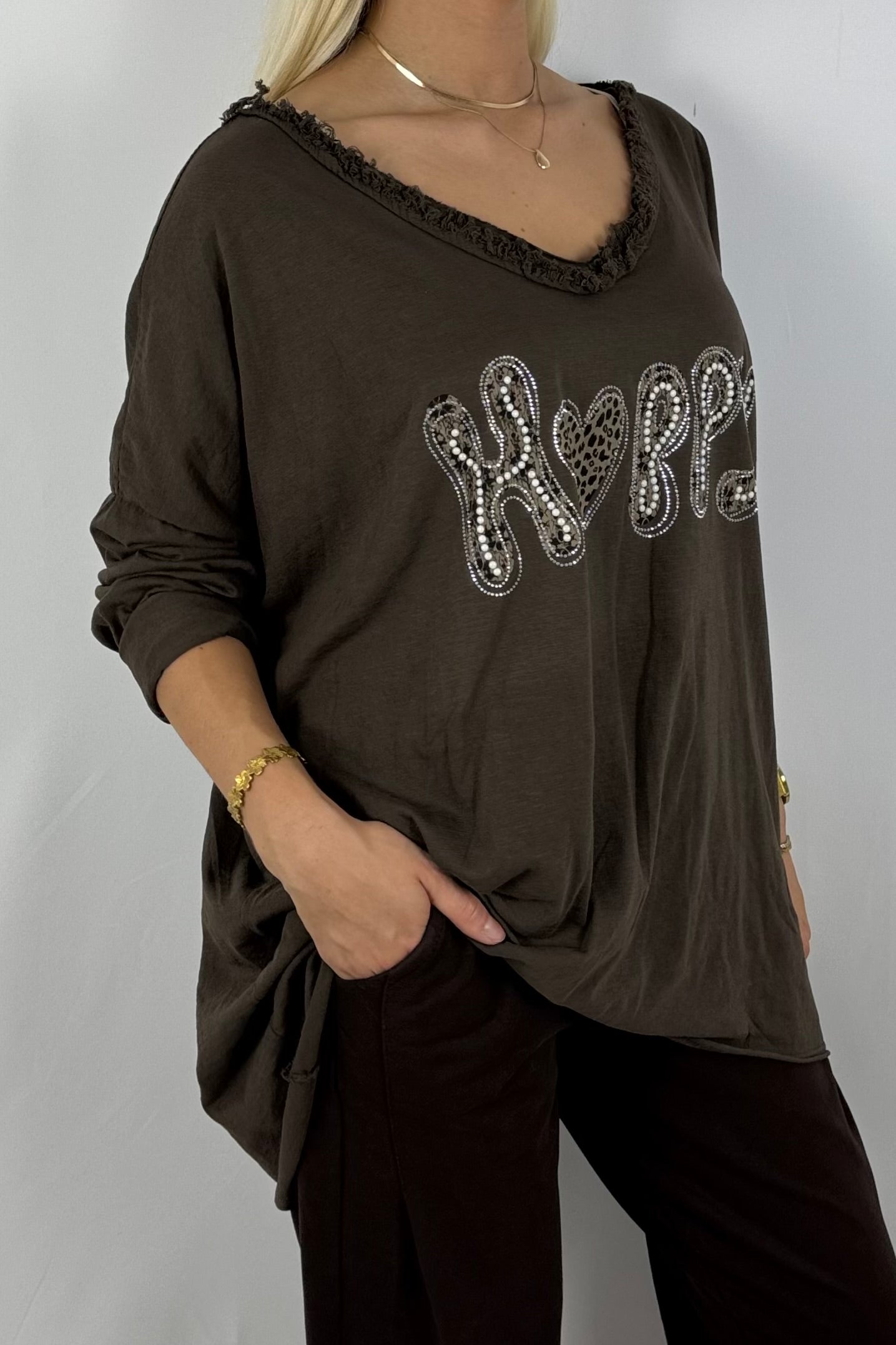 Damen Oversize Shirt – Happy Print-Schoko