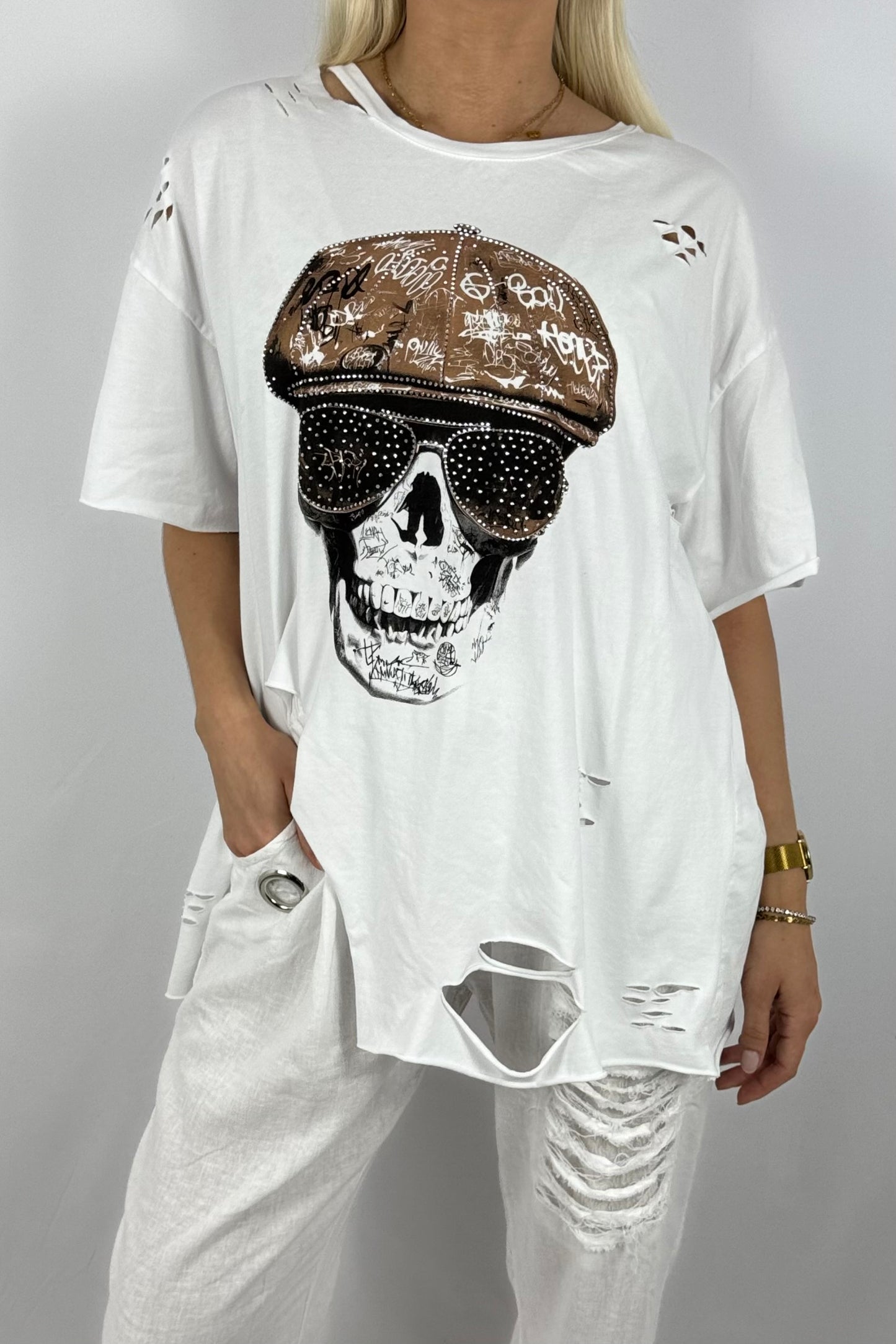 Oversize Shirt mit Skull-Print & Destroyed-Look-Weiß