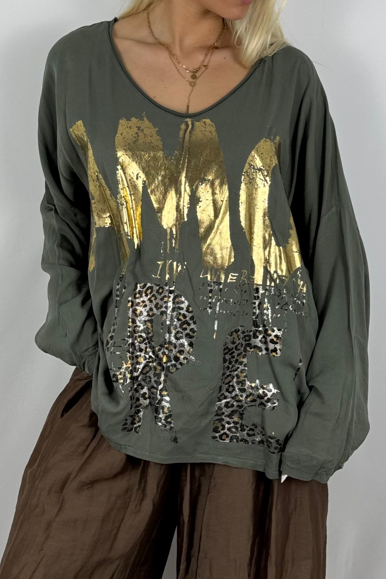 Oversize-Shirt mit Statement-Print-Khaki