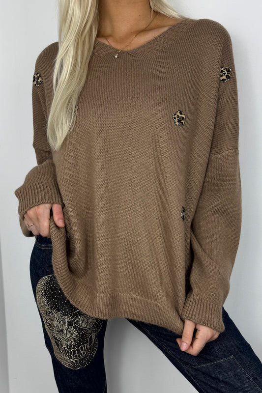 Strickshirt mit Blumen-Details-Mud