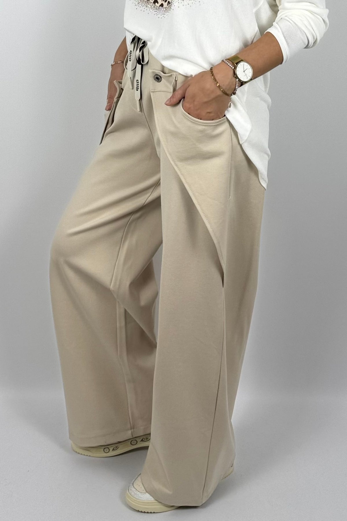 Damen Wide-Leg Hose mit Statement-Taschen – Beige