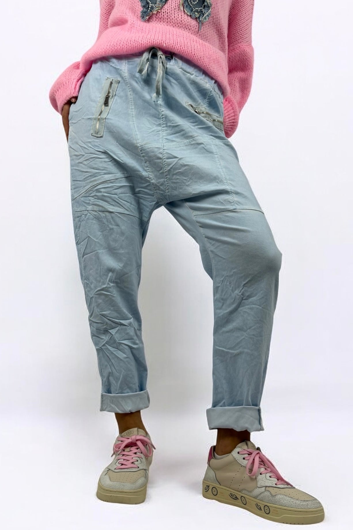 Hose mit elastischem Bund & Reißverschlusstaschen-Hellblau