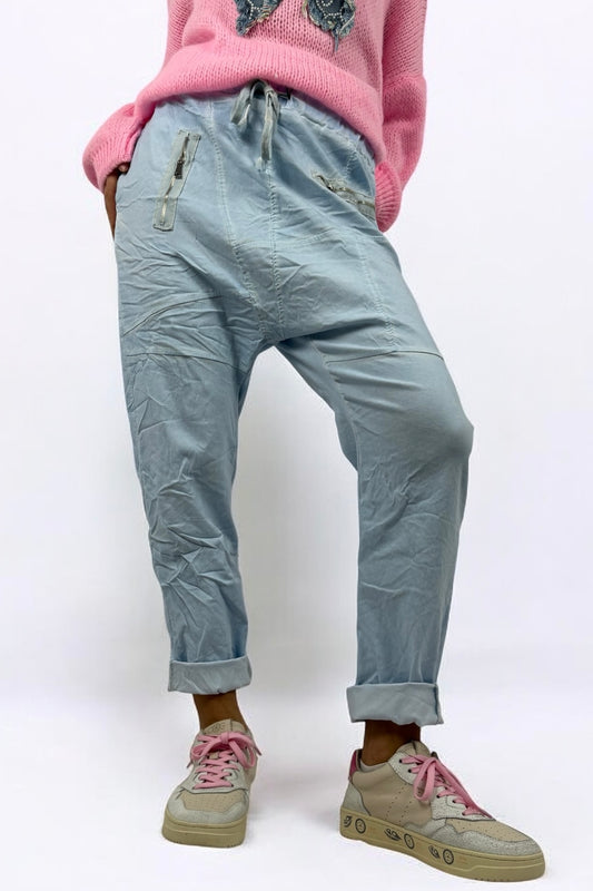 Hose mit elastischem Bund & Reißverschlusstaschen-Hellblau