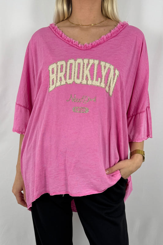 Oversize Damen Shirt mit Brooklyn New York Print-Pink