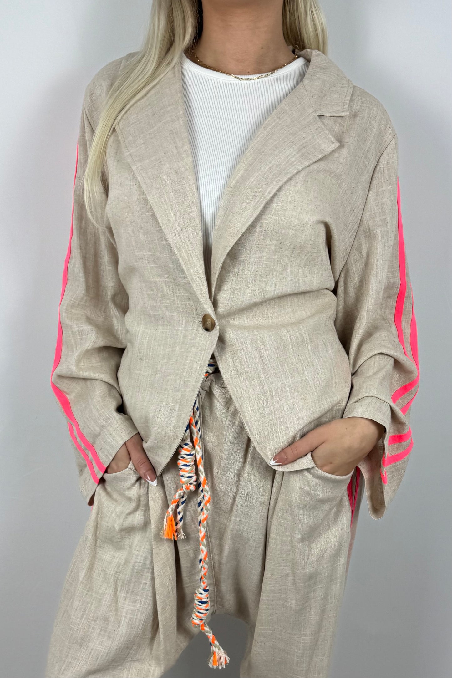 Leinen Blazer mit Streifen Detail-Pink