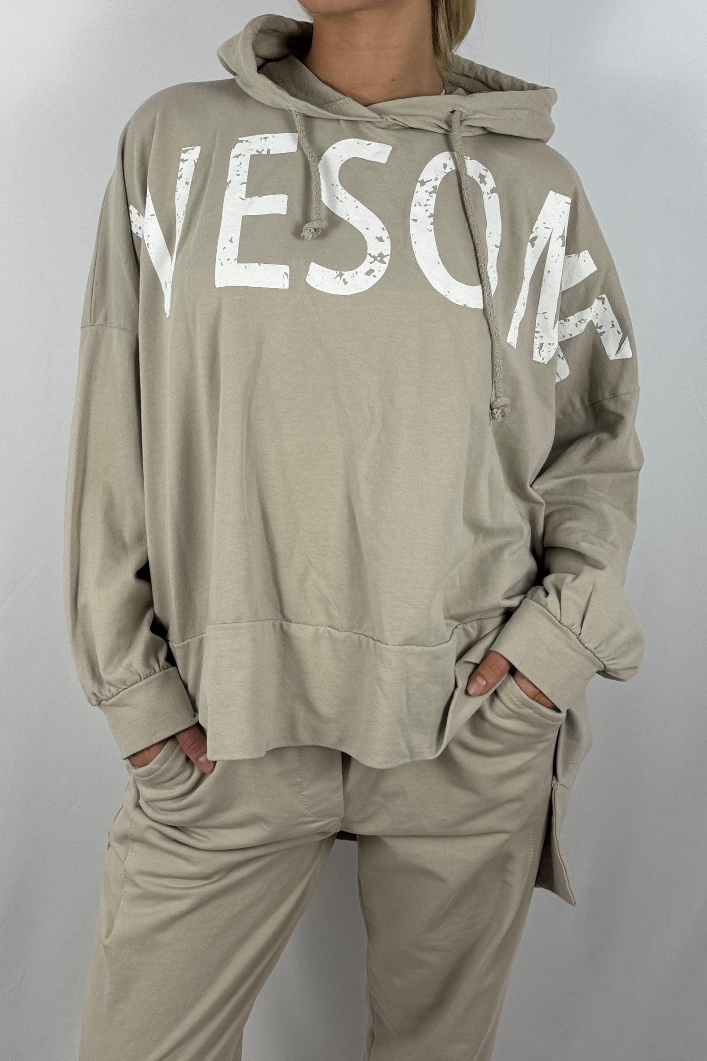 Damen Oversize Hoodie – Awesome Print-Beige
