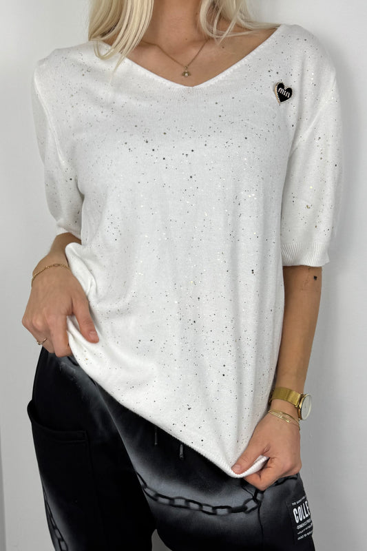Damen Shirt mit Herz-Detail und Glitzer-Akzenten -Weiß